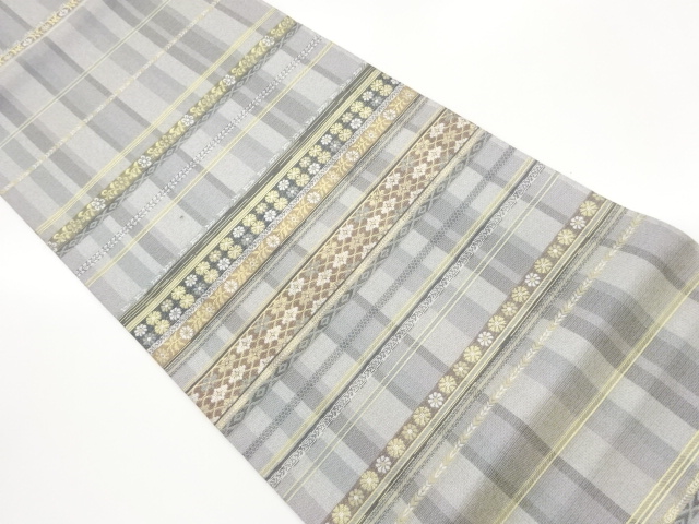 JAPANESE KIMONO / FUKURO OBI / SILK / WOVEN STRIPE & FLOWERS & RHOMBUS